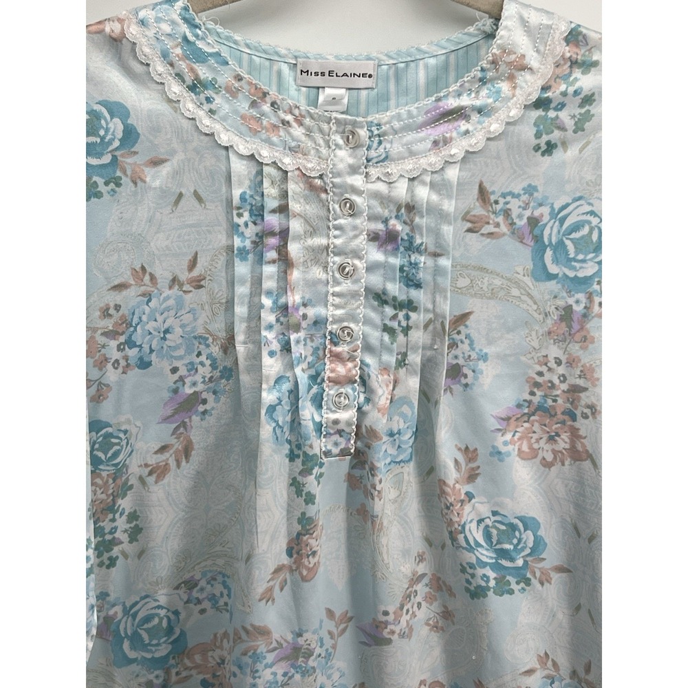 Miss Elaine Brushed Satin Long Nightgown Size S Floral L/S‎ Grannycore Tradwife